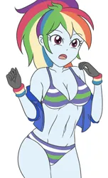 Size: 1799x2952 | Tagged: suggestive, artist:sumin6301, derpibooru import, rainbow dash, equestria girls, adorasexy, bra, breasts, busty rainbow dash, cleavage, clothes, cute, female, gloves, high res, image, jacket, jpeg, open mouth, panties, sexy, simple background, solo, solo female, underwear, white background