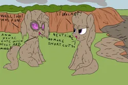 Size: 2400x1600 | Tagged: safe, artist:amateur-draw, derpibooru import, octavia melody, vinyl scratch, earth pony, pony, unicorn, bowtie, covered in mud, female, females only, glasses, image, mare, messy mane, mud, mud bath, mud pony, muddy, octavia is not amused, png, quicksand, text, unamused, upset, wet and messy