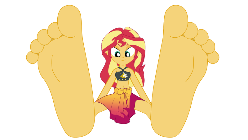 Size: 1280x720 | Tagged: suggestive, artist:a giant woman, derpibooru import, sunset shimmer, human, equestria girls, barefoot, beach, bedroom eyes, feet, fetish, foot fetish, foot focus, image, png, simple background, sitting, smiling, soles, toes, white background