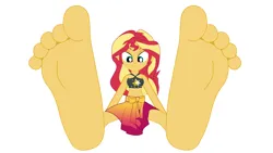 Size: 1280x720 | Tagged: suggestive, artist:a gaint woman, derpibooru import, sunset shimmer, human, equestria girls, barefoot, beach, bedroom eyes, feet, fetish, foot fetish, foot focus, image, png, simple background, sitting, smiling, soles, toes, white background