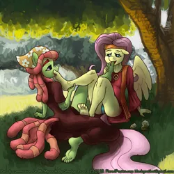 Size: 1500x1500 | Tagged: suggestive, artist:smudge proof, derpibooru import, fluttershy, tree hugger, anthro, earth pony, pegasus, plantigrade anthro, barefoot, commission, feet, fetish, floppy ears, food, foot fetish, headband, hippie, hippieshy, image, muffin, peace symbol, png, toe sucking