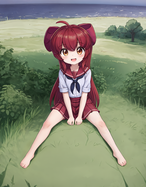 Size: 1890x2430 | Tagged: safe, derpibooru import, machine learning generated, stable diffusion, apple bloom, human, adorabloom, barefoot, blushing, bush, clothes, cute, feet, humanized, image, looking at you, ocean, open mouth, outdoors, png, rolled up sleeves, sailor uniform, sitting, skirt, solo, tree, uniform, water