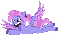 Size: 2023x1270 | Tagged: safe, artist:amicasecret-yt, derpibooru import, unnamed character, unnamed pony, pegasus, pony, my little pony: tell your tale, female, flying, g5, image, mare, open mouth, open smile, png, simple background, smiling, solo, spread wings, white background, wings