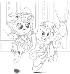 Size: 1135x1204 | Tagged: safe, artist:nauyaco, derpibooru import, cozy glow, princess flurry heart, alicorn, pegasus, pony, clothes, cosplay, costume, image, monochrome, older, open mouth, open smile, png, sailor moon, smiling