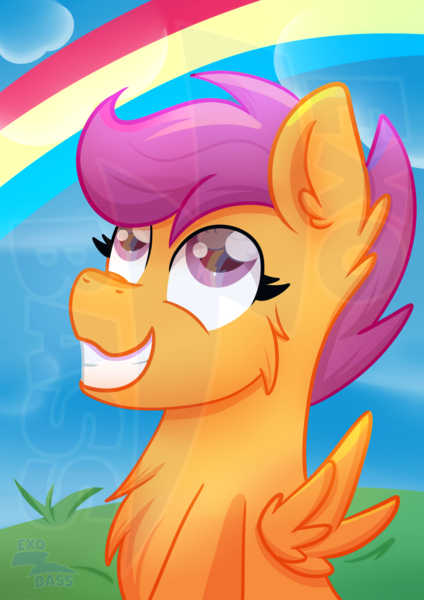 Size: 2480x3508 | Tagged: safe, artist:exobass, derpibooru import, apple bloom, scootaloo, sweetie belle, pegasus, pony, cloud, cutie mark, cutie mark crusaders, female, grass, image, looking up, my little pony, png, rainbow, sky