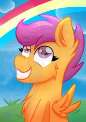 Size: 2480x3508 | Tagged: safe, artist:exobass, derpibooru import, apple bloom, scootaloo, sweetie belle, pegasus, pony, cloud, cutie mark, cutie mark crusaders, female, grass, image, looking up, my little pony, png, rainbow, sky