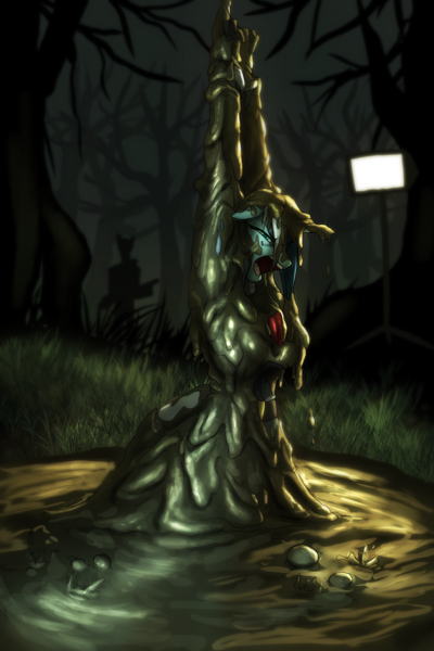 Size: 2400x3600 | Tagged: semi-grimdark, artist:toughset, derpibooru import, oc, oc:skyfall, unofficial characters only, anthro, unicorn, anthro oc, bog, bondage, bubbling, captured, clothes, colored, covered in mud, cravat, damsel in distress, female, gasping, gloves, horn, image, interrogation, latex, latex clothes, latex gloves, latex suit, messy, mud, muddy, peril, png, sludge, spypone, story included, suspended, swamp, tied hands, unicorn oc