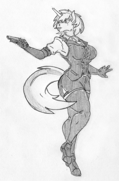 Size: 1450x2200 | Tagged: suggestive, artist:siegfriednox, derpibooru import, oc, oc:skyfall, unofficial characters only, anthro, anthro oc, clothes, cravat, evening gloves, female, gloves, gun, handgun, horn, image, long gloves, monochrome, pistol, png, sketch, skirt, solo, solo female, tail, vest, weapon