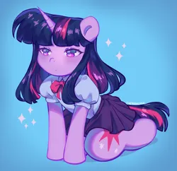 Size: 2893x2804 | Tagged: safe, artist:cherrnichka, derpibooru import, twilight sparkle, pony, semi-anthro, unicorn, blouse, clothes, equestria girls outfit, female, image, mare, png, skirt, solo, sparkles, unicorn twilight