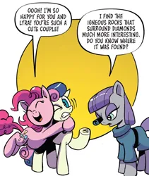 Size: 750x888 | Tagged: safe, artist:andypriceart, derpibooru import, idw, bon bon, lyra heartstrings, maud pie, pinkie pie, sweetie drops, earth pony, pony, spoiler:comic, spoiler:comic89, canon ship, dialogue, emanata, female, g4, image, jewelry, jpeg, lesbian, lyrabon, mare, ring, season 10, shipping, simple background, speech bubble, trio, wedding ring, white background