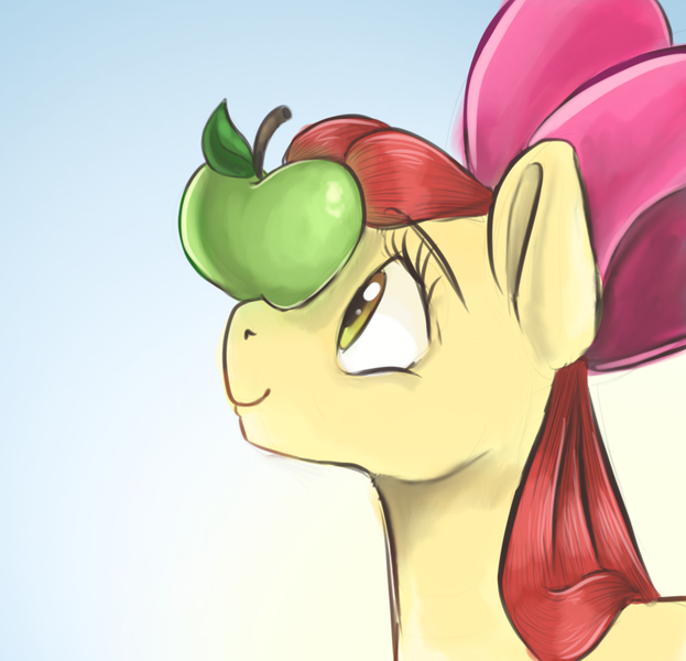 Size: 1017x979 | Tagged: safe, artist:smirk, derpibooru import, apple bloom, earth pony, pony, apple, apple bloom's bow, blue background, bow, eyes on the prize, food, gradient background, hair bow, image, looking at something, png, prize on the eyes, simple background, solo