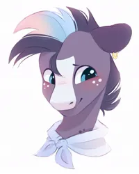 Size: 841x1051 | Tagged: safe, artist:melodylibris, derpibooru import, oc, unofficial characters only, pony, blaze (coat marking), blushing, bust, coat markings, ear piercing, earring, facial markings, freckles, image, jewelry, jpeg, looking away, piercing, simple background, smiling, solo, white background
