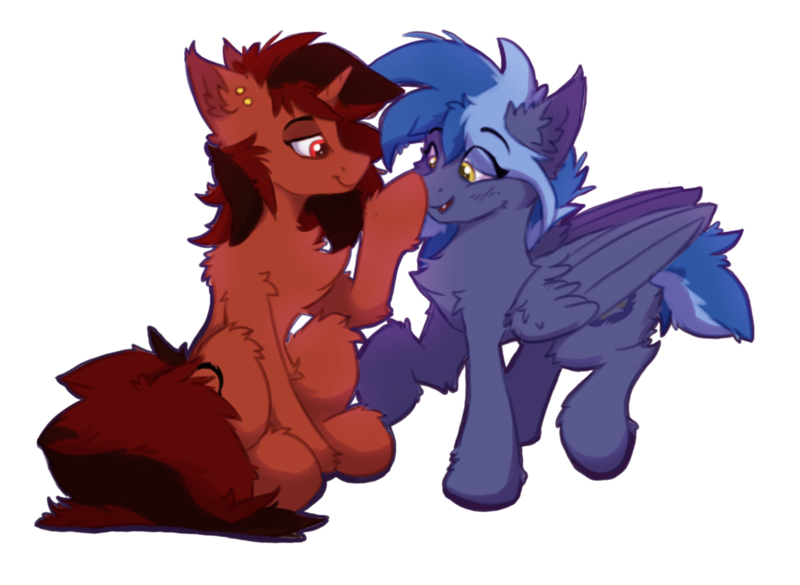 Size: 1367x1000 | Tagged: safe, artist:flapstune, artist:nighty, derpibooru import, oc, oc:flaps tune, oc:pixi feather, unofficial characters only, pegasus, pony, unicorn, derpibooru community collaboration, 2023 community collab, blushing, chest fluff, collaboration, colored pupils, concave belly, cute, derpibooru exclusive, duo, ear fluff, ear piercing, eye clipping through hair, eyebrows, eyebrows visible through hair, fangs, female, fluffy, folded wings, horn, image, leg fluff, long tail, mare, ocbetes, open mouth, pegasus oc, piercing, png, raised hoof, raised leg, red eyes, simple background, sitting, slim, smiling, tail, thin, transparent background, unicorn oc, wings, yellow eyes