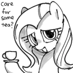 Size: 768x768 | Tagged: safe, artist:omelettepony, derpibooru import, fluttershy, pegasus, pony, cup, female, food, hoof hold, image, looking at you, mare, monochrome, offering, open mouth, open smile, png, simple background, smiling, solo, talking to viewer, tea, teacup, text