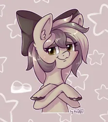 Size: 1044x1177 | Tagged: safe, artist:dsp2003, derpibooru import, oc, oc:stone, unofficial characters only, earth pony, pony, :3, abstract background, birthday gift art, blushing, bow, bust, cutie mark, earth pony oc, eyelashes, female, gift art, hair bow, image, looking at you, mare, png, portrait, signature, smiling, smiling at you, smug, soft shading, stars
