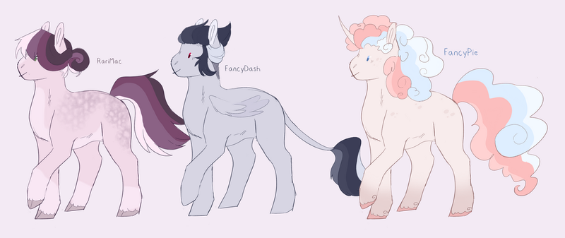 Size: 1280x539 | Tagged: safe, artist:ponymaws, derpibooru import, oc, unofficial characters only, earth pony, pegasus, pony, unicorn, coat markings, dappled, earth pony oc, horn, image, leonine tail, offspring, parent:big macintosh, parent:fancypants, parent:pinkie pie, parent:rainbow dash, parent:rarity, parents:fancydash, parents:pinkiepants, parents:rarimac, pegasus oc, pink background, png, simple background, tail, trio, unicorn oc, wings