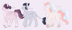 Size: 1280x539 | Tagged: safe, artist:ponymaws, derpibooru import, oc, unofficial characters only, earth pony, pegasus, pony, unicorn, coat markings, dappled, earth pony oc, horn, image, leonine tail, offspring, parent:big macintosh, parent:fancypants, parent:pinkie pie, parent:rainbow dash, parent:rarity, parents:fancydash, parents:pinkiepants, parents:rarimac, pegasus oc, pink background, png, simple background, tail, trio, unicorn oc, wings