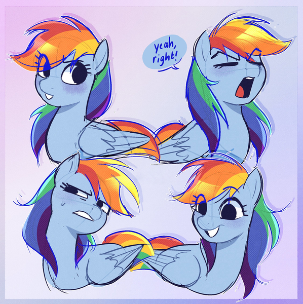 Size: 2252x2258 | Tagged: safe, artist:syrupyyy, derpibooru import, rainbow dash, pegasus, pony, cute, dialogue, eye clipping through hair, eyes closed, female, gritted teeth, high res, image, jpeg, mare, no catchlights, open mouth, smiling, solo, speech bubble, teeth
