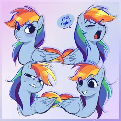 Size: 2252x2258 | Tagged: safe, artist:syrupyyy, derpibooru import, rainbow dash, pegasus, pony, cute, dialogue, eye clipping through hair, eyes closed, female, gritted teeth, high res, image, jpeg, mare, no catchlights, open mouth, smiling, solo, speech bubble, teeth