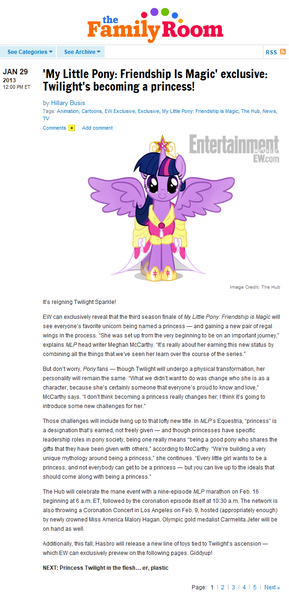 Size: 621x1291 | Tagged: safe, derpibooru import, twilight sparkle, twilight sparkle (alicorn), alicorn, pony, magical mystery cure, 2013, alicorn drama, article, drama, entertainment weekly, female, image, it begins, looking at you, mare, png, pony history, smiling, solo, spread wings, text, watermark, wings