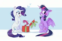 Size: 3000x2000 | Tagged: safe, artist:anotherdeadrat, derpibooru import, rarity, twilight sparkle, twilight sparkle (alicorn), alicorn, pony, unicorn, blushing, clothes, duo, female, grin, heart, image, jpeg, lesbian, lidded eyes, mare, nervous, nervous grin, partially open wings, physique difference, present, rarilight, scarf, shipping, sitting, slim, smiling, spread wings, thin, wings