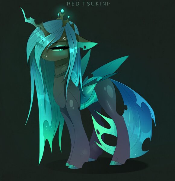Size: 2221x2299 | Tagged: safe, artist:red_tsukini, derpibooru import, queen chrysalis, changeling, changeling queen, eye clipping through hair, female, image, jpeg, lidded eyes, solo