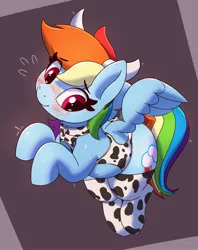 Size: 2372x3000 | Tagged: suggestive, artist:pabbley, derpibooru import, rainbow dash, pegasus, pony, adorasexy, belly, belly button, blushing, chubby, clothes, cow horns, cow suit, cowprint, cute, dashabetes, female, horns, image, jpeg, mare, rainbovine dash, sexy, smiling, socks, solo, solo female, thigh highs