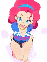 Size: 1000x1300 | Tagged: suggestive, artist:aetherionart, derpibooru import, pinkie pie, human, big breasts, breasts, busty pinkie pie, cleavage, clothes, ear piercing, earring, female, free hugs, headband, high angle, humanized, image, jewelry, light skin, looking at you, necklace, no pants, open mouth, panties, piercing, png, sitting, socks, solo, solo female, thighs, underwear