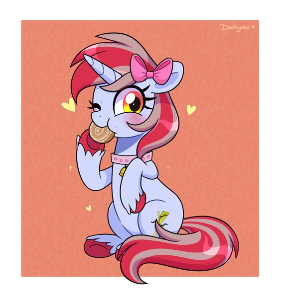 Size: 3100x3300 | Tagged: safe, artist:darkynez, derpibooru import, oc, oc:cinnamon lightning, unofficial characters only, pony, unicorn, bell, bell collar, blushing, bow, cinnamon bun, collar, female, floating heart, food, hair bow, heart, horn, image, jpeg, looking at you, mare, nom, one eye closed, sitting, solo, underhoof, unicorn oc, unshorn fetlocks, wink