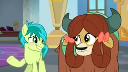 Size: 1920x1080 | Tagged: safe, derpibooru import, screencap, sandbar, yona, earth pony, pony, yak, season 9, she's all yak, spoiler:s09, 1080p, awkward, awkward moment, awkward smile, blushing, confused, duo, female, image, implied shipping, implied straight, implied yonabar, looking at each other, looking at someone, male, monkey swings, png, shipping, smiling, straight, yonabar