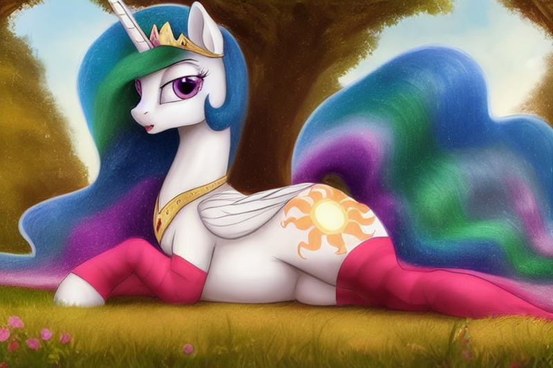 Size: 1920x1280 | Tagged: safe, derpibooru import, editor:dovakkins, machine learning generated, stable diffusion, princess celestia, alicorn, pony, beautiful, clothes, cute, female, forest, forest background, grass, hooves, image, jewelry, looking at you, lying down, mare, open mouth, peytral, png, prone, socks, solo, sparkly mane, sparkly tail, sploot, stockings, tail, thigh highs, tree