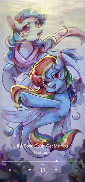 Size: 966x2048 | Tagged: safe, artist:tkotu1, derpibooru import, rainbow dash, oc, earth pony, pegasus, pony, seapony (g4), bubble, clothes, crepuscular rays, digital art, dorsal fin, female, fin wings, fins, fish tail, flowing mane, flowing tail, image, jpeg, mare, ocean, open mouth, pink eyes, scarf, seaponified, seapony rainbow dash, smiling, species swap, sunlight, swimming, tail, underwater, water, wings