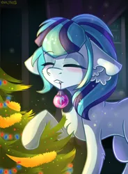 Size: 1370x1859 | Tagged: safe, alternate version, artist:yuris, derpibooru import, sonata dusk, earth pony, pony, christmas, christmas tree, eyes closed, female, floppy ears, garland, happy new year, holiday, image, new year, night, png, room, smiling, solo, tree