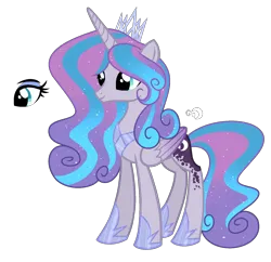 Size: 1660x1604 | Tagged: safe, artist:existencecosmos188, derpibooru import, oc, unofficial characters only, alicorn, pony, ethereal mane, eyelashes, female, hoof shoes, image, jewelry, magical lesbian spawn, mare, offspring, parent:princess flurry heart, parent:princess luna, peytral, png, slim, smiling, solo, starry mane, thin, tiara