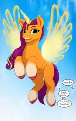 Size: 1250x2000 | Tagged: safe, alternate version, artist:runningtoaster, derpibooru import, sunny starscout, alicorn, pony, 20% cooler, artificial horn, artificial wings, augmented, coat markings, colored, dialogue, female, flying, g5, horn, image, magic, magic horn, magic wings, mare, offscreen character, open mouth, open smile, png, rearing, sky background, smiling, socks (coat marking), solo, spread wings, unshorn fetlocks, wings
