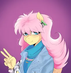 Size: 1853x1887 | Tagged: safe, artist:aztrial, derpibooru import, fluttershy, anthro, pegasus, 80s, 80s hair, alternate hairstyle, clothes, denim, denim jacket, ear piercing, earring, image, jacket, jewelry, messy hair, necklace, peace sign, piercing, png, purple background, simple background, solo, sweater, turtleneck, wristband