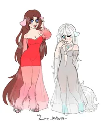Size: 597x744 | Tagged: safe, derpibooru import, oc, oc:althea, oc:yamire, unofficial characters only, anthro, human, semi-anthro, unguligrade anthro, arm behind back, blue eyes, blushing, brown hair, clothes, dress, feathered fetlocks, gown, humanized, humanized oc, image, jewelry, long hair, looking at you, necklace, one eye closed, png, simple background, white background, white hair, wink, winking at you