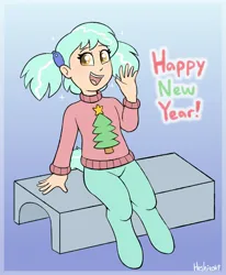 Size: 1398x1694 | Tagged: safe, artist:heretichesh, derpibooru import, oc, oc:hope, unofficial characters only, satyr, bench, christmas sweater, clothes, female, gradient background, happy new year, holiday, image, jpeg, looking at you, new year, offspring, open mouth, open smile, parent:lyra heartstrings, signature, sitting, smiling, smiling at you, solo, sweater, text, waving at you