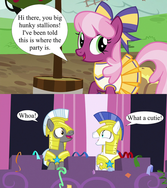 Size: 1920x2160 | Tagged: safe, derpibooru import, edit, edited screencap, screencap, cheerilee, sparkle's seven, the cart before the ponies, absurd resolution, armor, cheeriguard, cheerileeder, cheerleader, confetti, excited, female, image, male, png, royal guard, shipping, shipping domino, smiling, speech bubble, straight, streamers