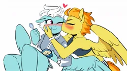 Size: 1161x646 | Tagged: safe, artist:redxbacon, derpibooru import, fleetfoot, spitfire, anthro, pegasus, blushing, clothes, duo, eyes closed, female, fleetfire, floppy ears, food, ice cream, image, jacket, jpeg, kiss on the cheek, kissing, lesbian, one eye closed, shipping, simple background, spoon, sports bra, spread wings, warmup suit, white background, wings