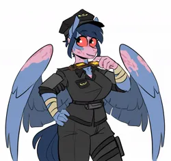 Size: 1130x1068 | Tagged: safe, artist:redxbacon, derpibooru import, oc, oc:patchwork, anthro, ghoul, pegasus, undead, bandage, clothes, fallout, goggles, image, jpeg, red eyes, solo, uniform, uniform hat