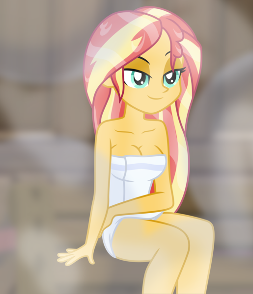 Size: 4944x5760 | Tagged: safe, artist:emeraldblast63, derpibooru import, sunset shimmer, human, equestria girls, absurd resolution, bare shoulders, breasts, busty sunset shimmer, eyebrows, female, image, lidded eyes, png, sitting, smiling, solo, towel, wet hair