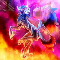 Size: 5800x5800 | Tagged: safe, artist:florarena-kitasatina/dragonborne fox, derpibooru import, oc, oc:crimson flame, unofficial characters only, crystal pony, unicorn, absurd file size, absurd resolution, black sclera, book, cloven hooves, crystallized, fire, image, leonine tail, my eyes, png, quill, rearing, signature, tail, terastallized, unshorn fetlocks, watermark