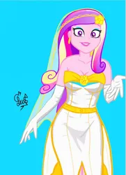 Size: 952x1316 | Tagged: editor needed, safe, alternate version, artist:flutteryaylove, derpibooru import, edit, princess cadance, human, a canterlot wedding, equestria girls, blue background, breasts, busty princess cadance, canterlot wedding 10th anniversary, clothes, dean cadance, derpibooru exclusive, dress, female, g4, horn, image, looking at you, png, show accurate, simple background, smiling, veil, wedding dress, wedding veil, wings