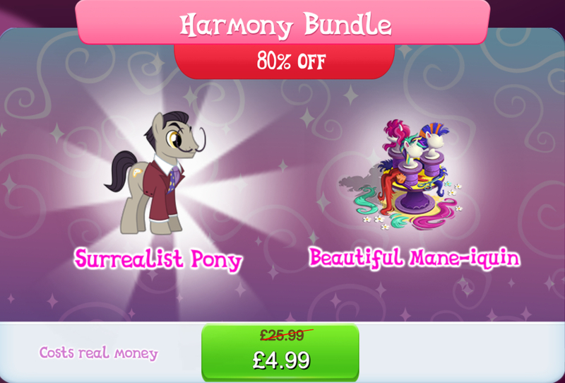 Size: 1266x858 | Tagged: safe, derpibooru import, official, earth pony, pony, background character, background pony, brush, bundle, clothes, costs real money, english, facial hair, flower, gameloft, image, jpeg, male, mannequin, mobile game, moustache, my little pony: magic princess, necktie, numbers, saddler daily, sale, salvador dalí, scissors, solo, solo focus, stallion, text, wig