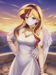 Size: 512x682 | Tagged: safe, derpibooru import, editor:sammykun, machine learning generated, novelai, stable diffusion, sunset shimmer, human, angel, angelic wings, bracelet, brick wall, clothes, dress, eyebrows, eyebrows visible through hair, folded wings, gold, humanized, image, jewelry, jpeg, looking at you, metal, mountain, ocean, outdoors, smiling, smiling at you, solo, sunset, water, white dress, wings, wrong eye color