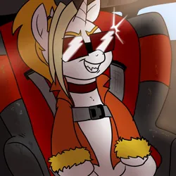 Size: 1200x1200 | Tagged: safe, artist:pony quarantine, derpibooru import, oc, oc:dyx, unofficial characters only, alicorn, pony, car seat, female, filly, foal, grin, image, jpeg, sharp teeth, sitting, smiling, solo, sunglasses, teeth