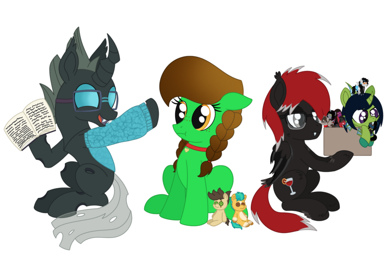 Size: 2299x1627 | Tagged: safe, artist:dyonys, derpibooru import, hitch trailblazer, oc, oc:demon hellspawn, oc:lucky brush, oc:night chaser, oc:sanguine hangover, oc:tarsi, changeling, earth pony, half-siren, hybrid, pony, derpibooru community collaboration, 2023 community collab, baby, baby pony, biting, book, box, braid, curved horn, fangs, female, fluffy, folded wings, g5, glasses, group, happy, hoof hold, horn, image, magical gay spawn, male, mare, offspring, pegabat, png, pointy ponies, simple background, sitting, slit pupils, stallion, tail, tail feathers, teenager, transparent background, wings
