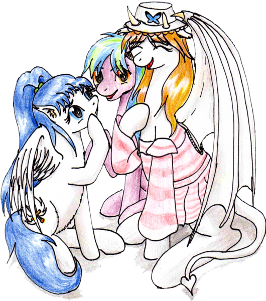 Size: 840x951 | Tagged: safe, artist:40kponyguy, derpibooru import, oc, oc:clarise, oc:flame burst, oc:vanilla, pegasus, pony, clothes, cute, dress, ear fluff, female, hat, image, looking at each other, looking at someone, looking at you, male, mare, pegasus oc, png, raised hoof, simple background, stallion, traditional art, transparent background, trio, wings