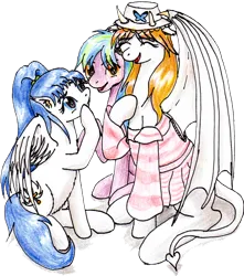 Size: 840x951 | Tagged: safe, artist:40kponyguy, derpibooru import, oc, oc:clarise, oc:flame burst, oc:vanilla, pegasus, pony, clothes, cute, dress, ear fluff, female, hat, image, looking at each other, looking at someone, looking at you, male, mare, pegasus oc, png, raised hoof, simple background, stallion, traditional art, transparent background, trio, wings